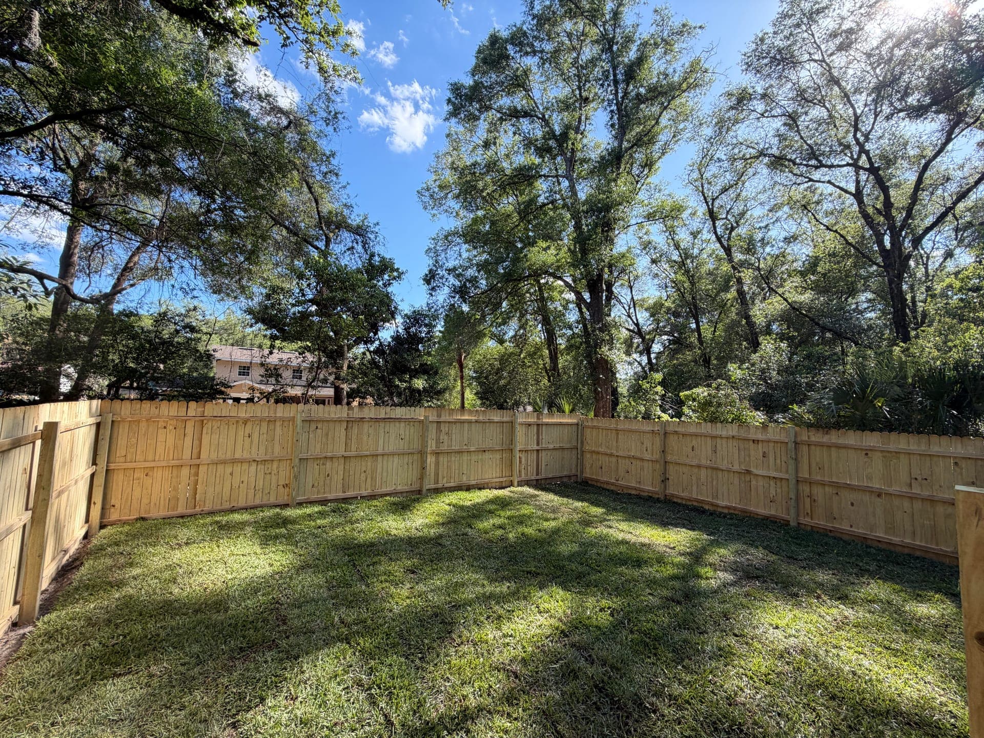Custom wood privacy fence enclosing a DeLand backyard dog area